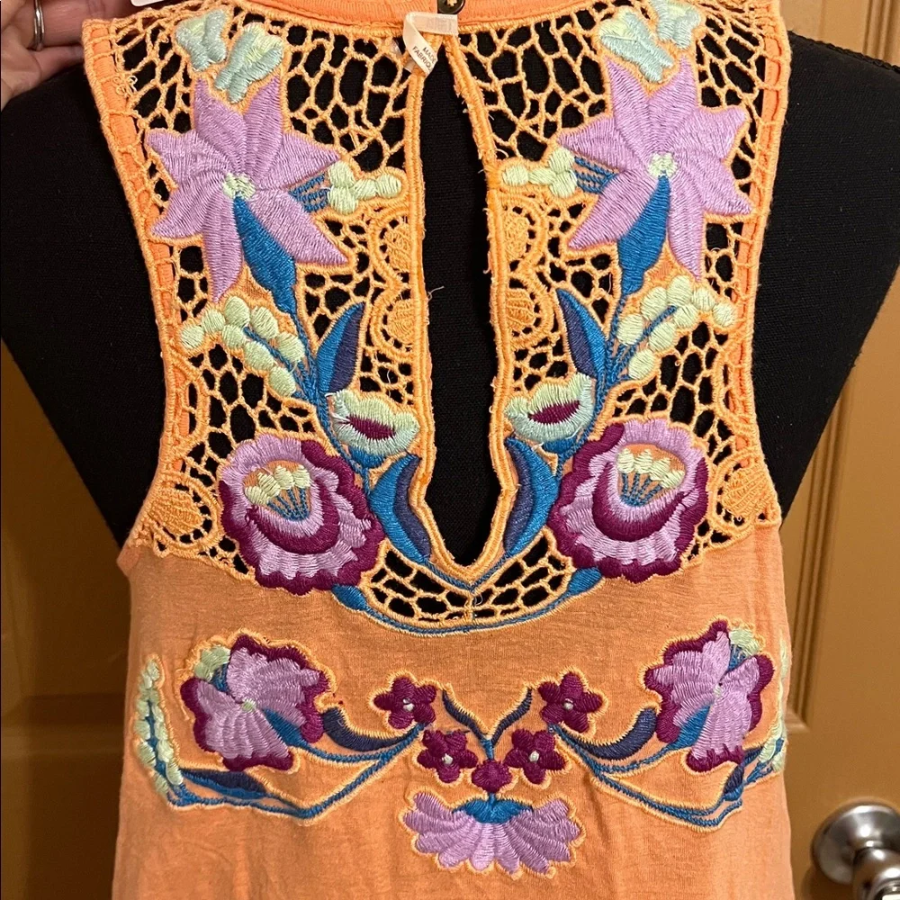 Free People Coral Crochet Neck Floral Embroidered Sleeveless Top